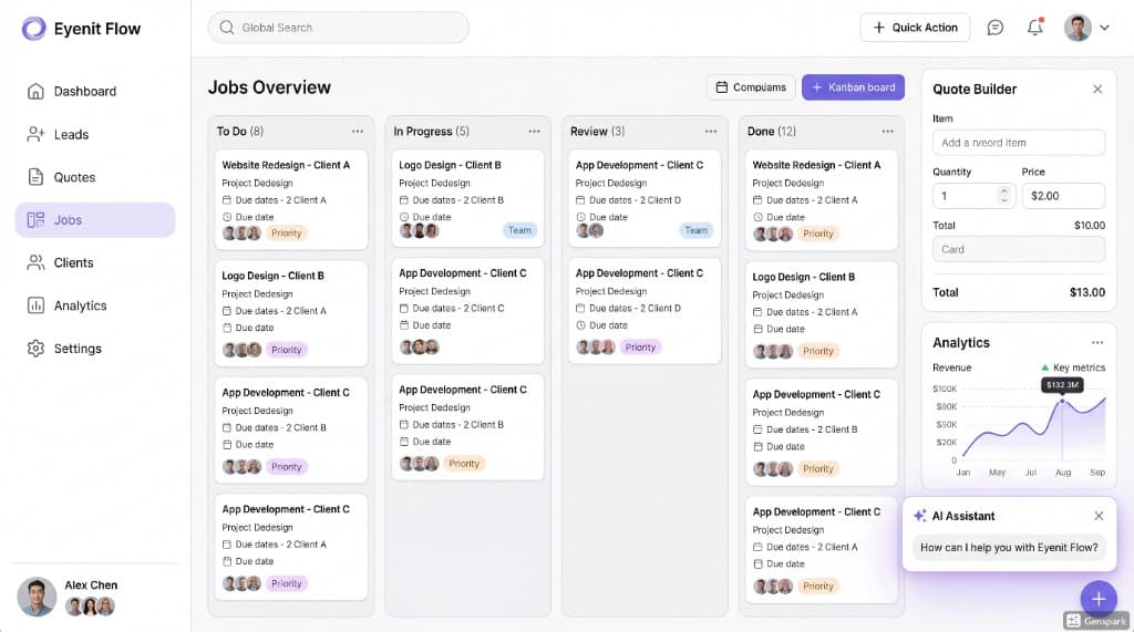 e-flow workspace: sidebar navigation, Jobs kanban board, quote builder, analytics chart, and AI assistant - product mockup